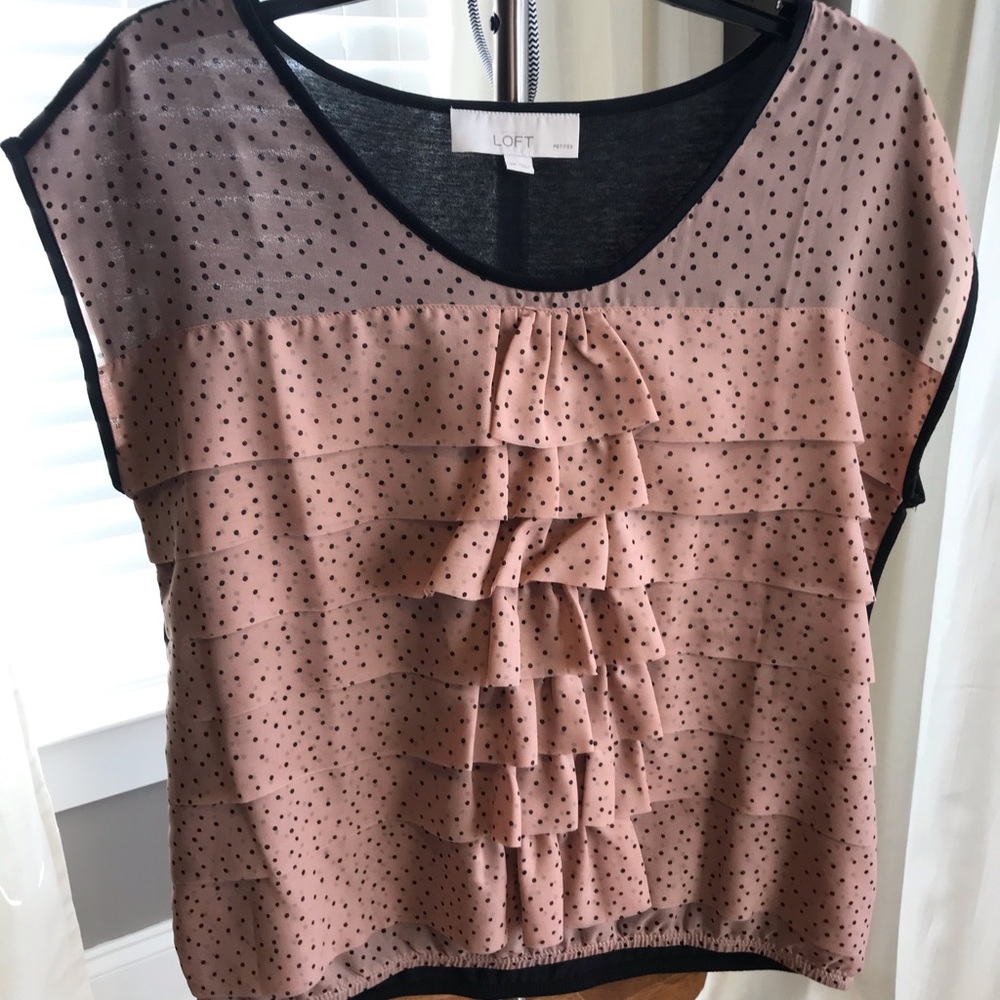 Loft Pink/Blk Polka Dot Ruffle Shirt, Med. Petite